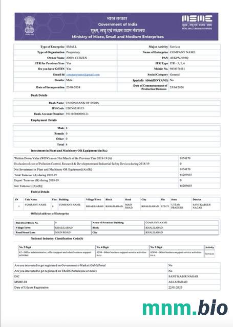 India udyam registration vcertyfikat Word i szablon PDF, version 6